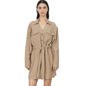 DELUC Tan Utility Shirt Dress Long Sleeve Button Front‎ Tie Waist Mini Size L